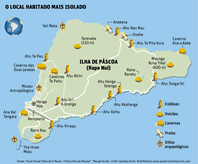 Mapa de onde ficam os moais na Ilha de Páscoa Mapa de onde ficam os moais na Ilha de Páscoa