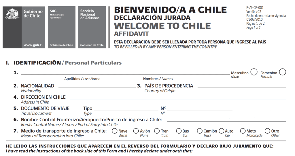 Formulário de chegada ao Chile Formulário de chegada ao Chile
